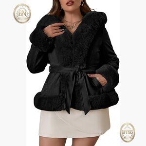 Faux Suede Leather Jacket Hooded Fleece Lined Belted Coat Plus Size